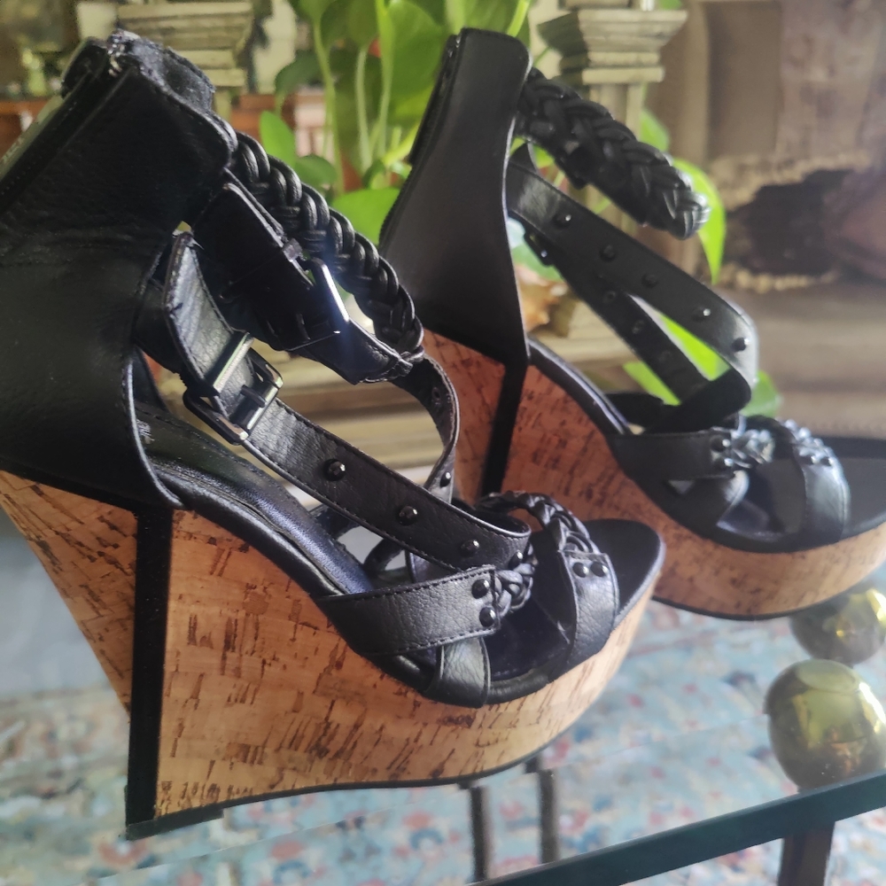 Black strappy cork platform heels
